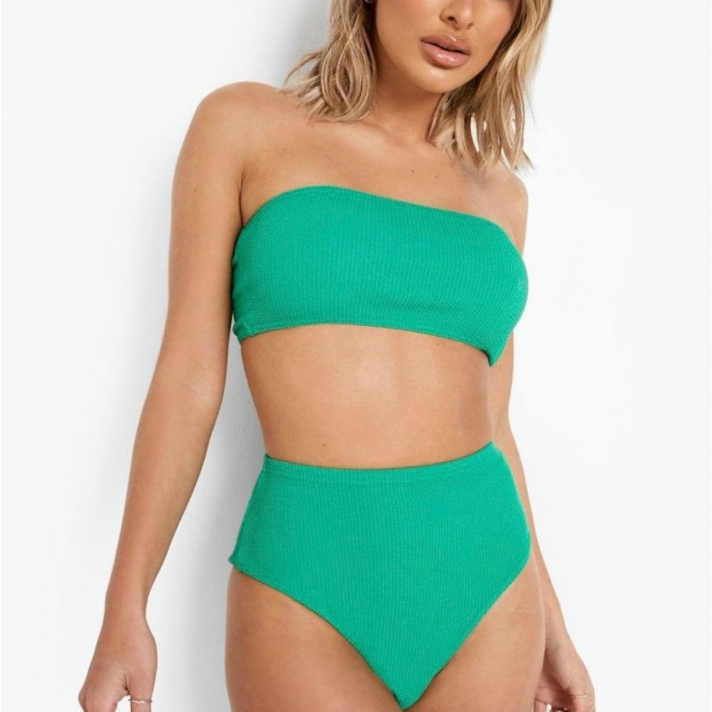 Frankie’s Bikinis Green Ribbed Bandeau Bikini Set